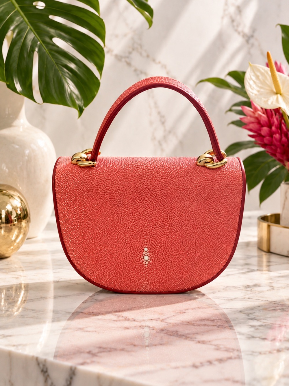 Coral Pink Genuine Stingray Top Handle Saddle Bag – Gold Hardware | Shagreen